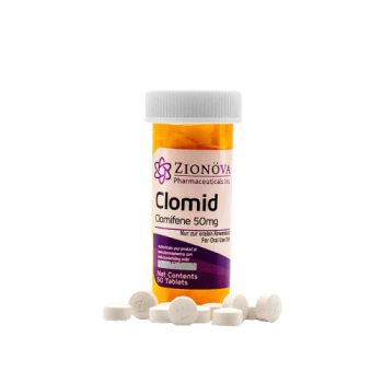 Image of a bottle of Clomid 50mg tablets by Zionova, containing 50 tablets used for Post Cycle Therapy