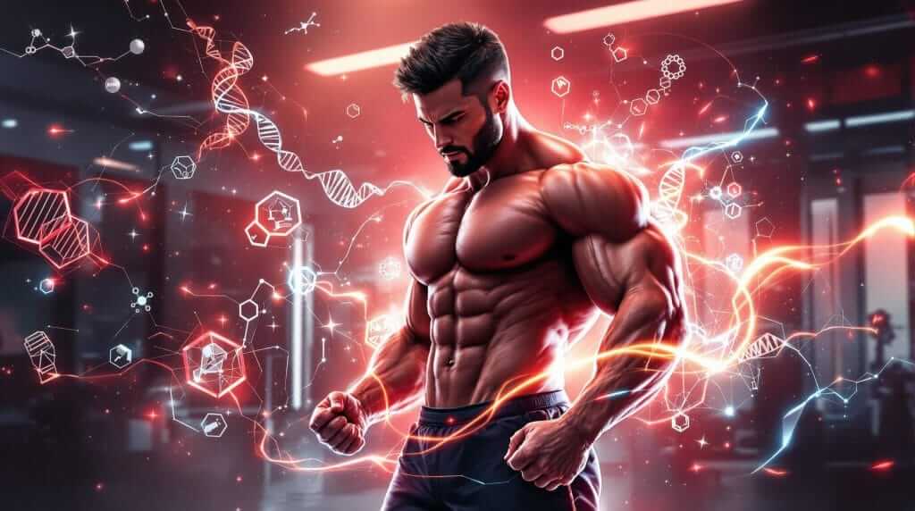 A muscular athlete in a modern gym surrounded by DNA strands and molecular visuals, showcasing Deca's benefits for muscle growth and recovery.
