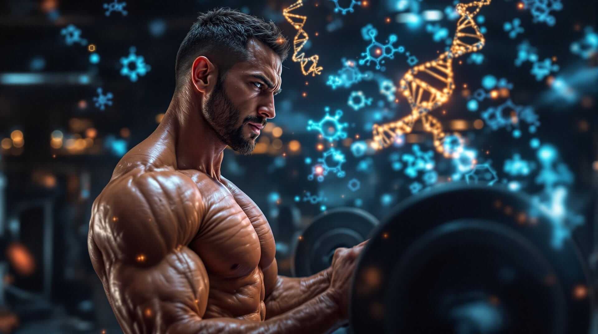 An athlete with enhanced muscles, surrounded by DNA strands and energy waves in a modern gym.