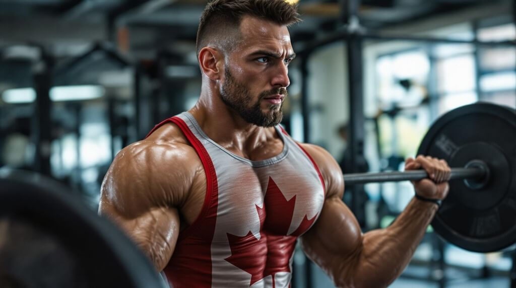 A muscular athlete lifting heavy weights in a gym, representing the potential strength gains from high-dose steroid use.