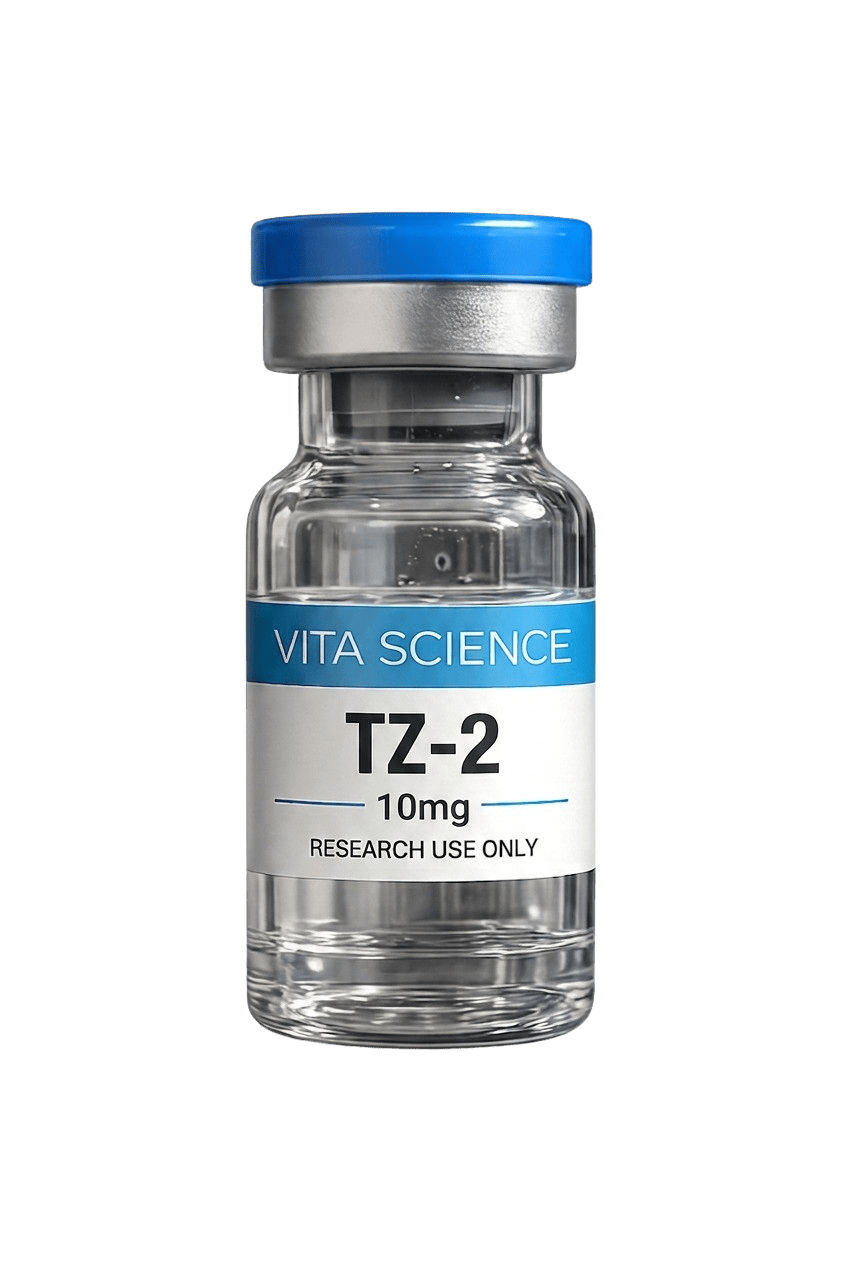 Flacon de peptide de recherche lyophilisé TZ-2 10 mg avec étiquette.