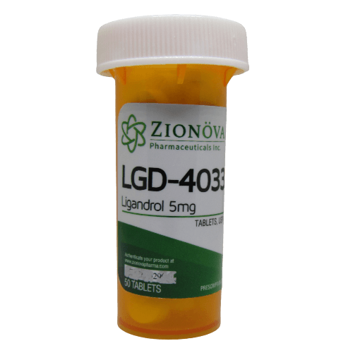 Bottle of Zionova LGD-4033 Ligandrol tablets, 5mg each, 50 count.
