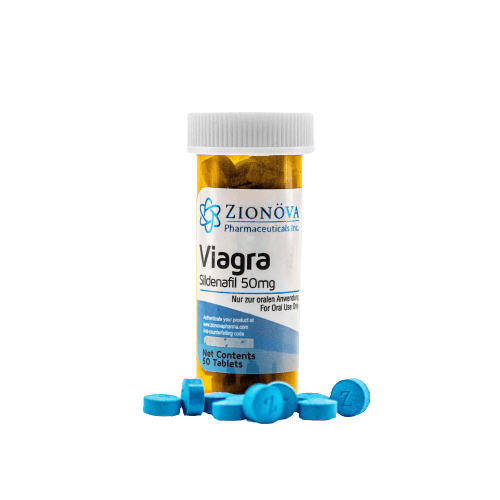 Bottle of Zionova Sildenafil Citrate 50mg tablets.