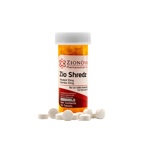 Zionova Zio Shredz bottle label showing fat burning tablets