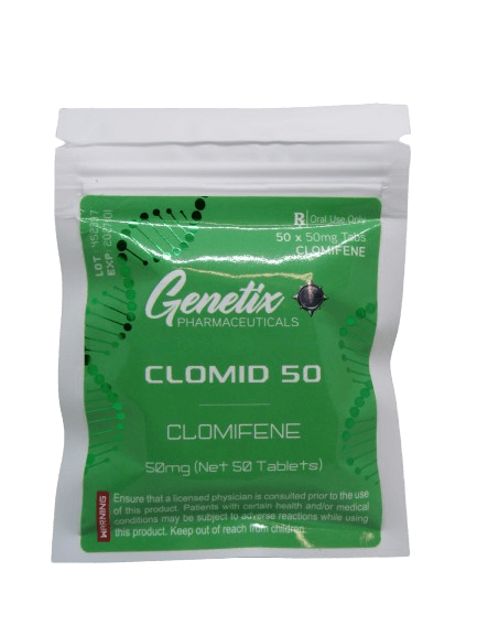 Bottle of Genetix Pharma Clomid 50mg tablets, 50 count.