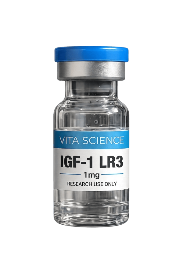 Lyophilized IGF-1 LR3 peptide powder in a glass vial, 1mg.