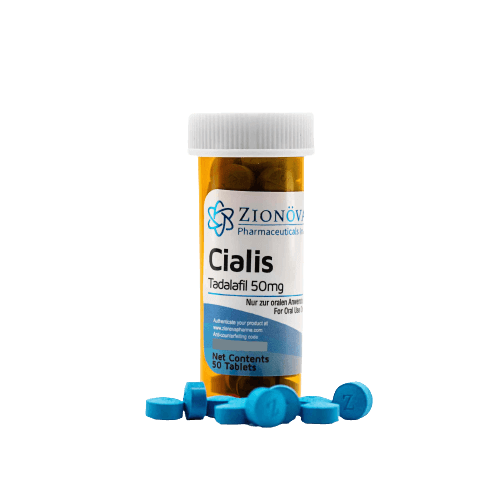 Zionova bottle containing 50 Tadalafil 50mg tablets.