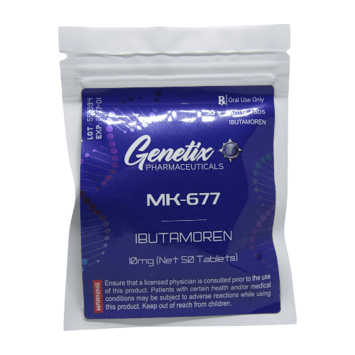 Packaging for MK-677 10mg tablets by Genetix Pharma.