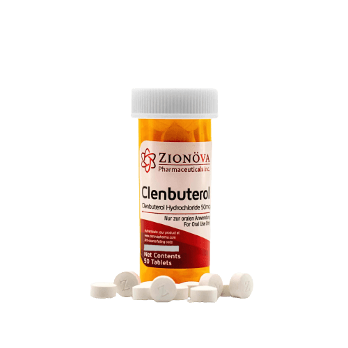 Bottle of Zionova Clenbuterol 50mcg tablets.