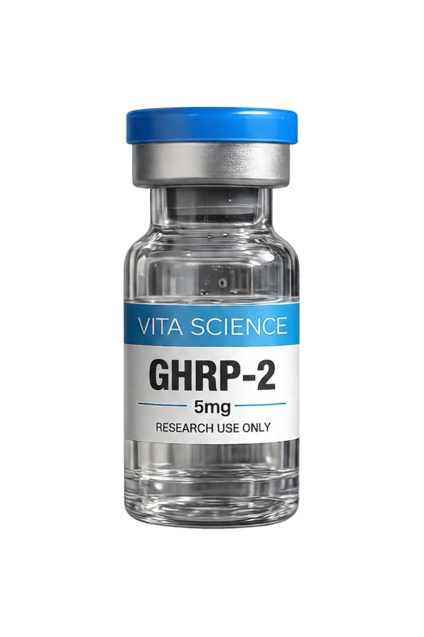 GHRP 5mg lyophilized research peptide vial showing powder and label.