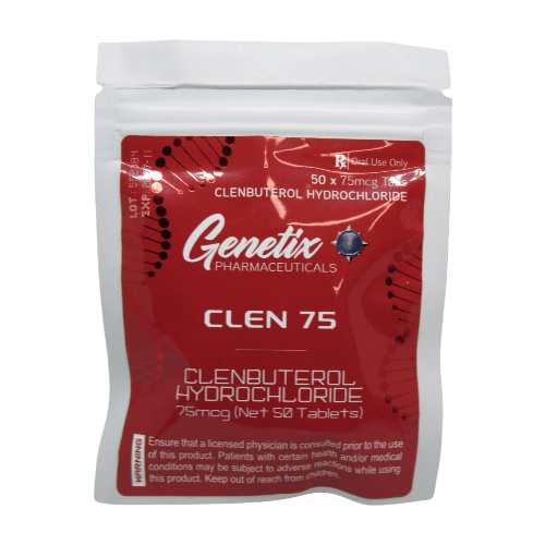 Bottle of Genetix Pharma Clenbuterol 75mcg tablets, 50 count.