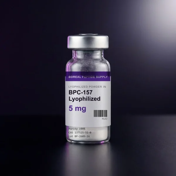 BPC-157 Lyophilized Peptide, 5 mg Sealed Glass Vial with a blue flip-off cap on a sterile white background.