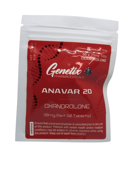 Bottle of Genetix Pharma Anavar Oxandrolone 20mg tablets, 50 count.