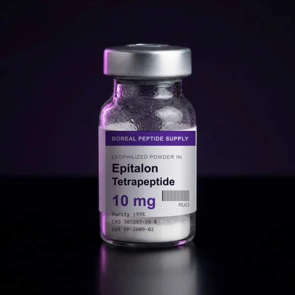 Epithalon Tetrapeptide 10 mg Lyophilized Vial in a sealed 3 mL glass vial with a blue flip-off cap.