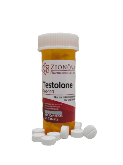 Zionova RAD-140 Testolone SARM tablets bottle, 10mg per tablet, 50 count.