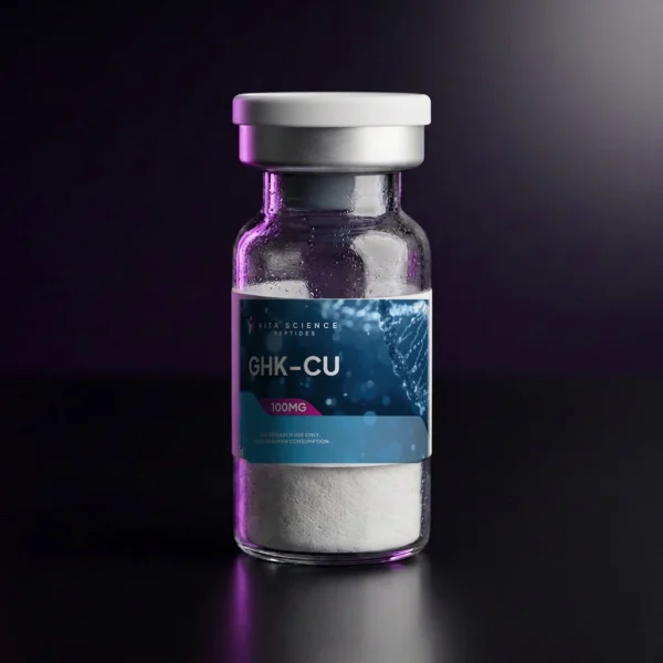 GHK-Cu copper tripeptide 100 mg lyophilized powder, 99.8% HPLC purity, in a 3 mL glass vial with a white flip-off cap.