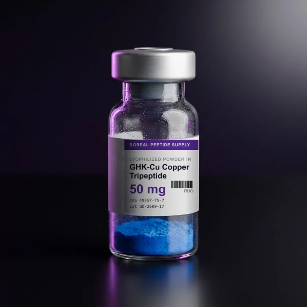 GHK-Cu Copper Tripeptide, 50 mg Blue Lyophilized Powder in a sealed 3 mL glass vial on a white background.