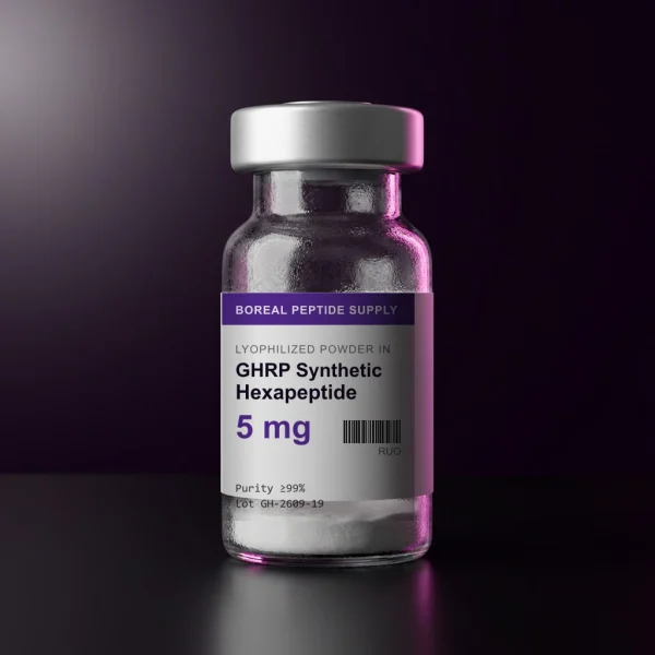 GHRP Synthetic Hexapeptide, 5 mg per vial. Lyophilized powder in a sealed 3 mL glass vial, ≥99% (HPLC) purity.
