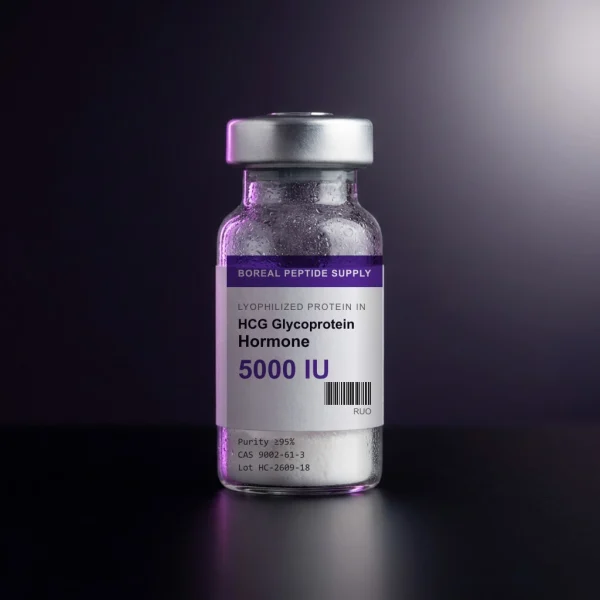 Lyophilized protein in a sealed glass vial of HCG, 5000 IU per vial, with ≥95% (SDS-PAGE) purity.