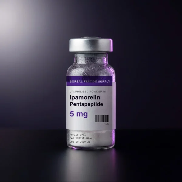 A sealed 3 mL glass vial containing white lyophilized powder, labelled Ipamorelin Pentapeptide, 5 mg Lyophilized Vial.