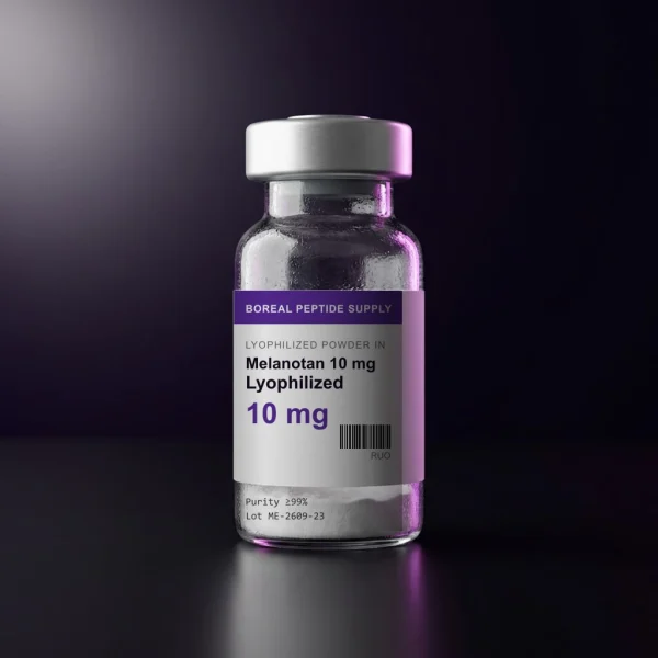 10 mg Melanotan lyophilized powder, ≥99% HPLC purity, in a sealed 3 mL glass vial on a white background.