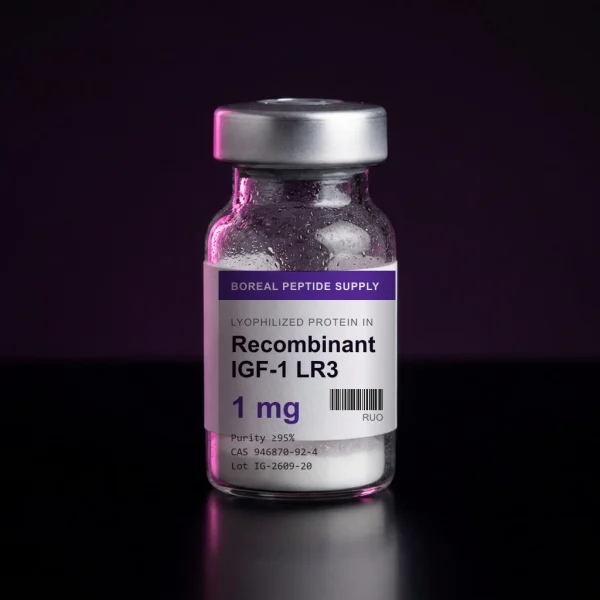 A 1 mg sealed glass vial of lyophilized Recombinant IGF-1 LR3 protein with ≥95% (SDS-PAGE) purity on a white background.