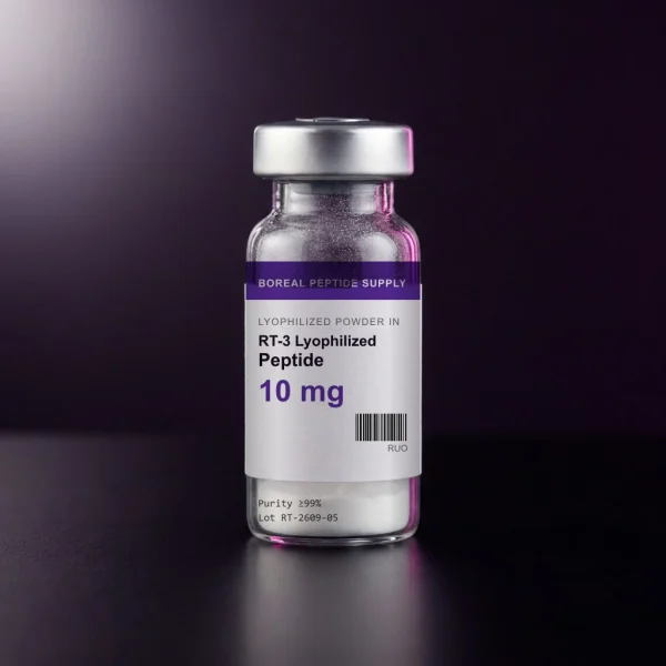 RT-3 peptide, 10 mg per vial, as lyophilized powder in a sealed 3 mL glass vial with ≥99% (HPLC) purity.