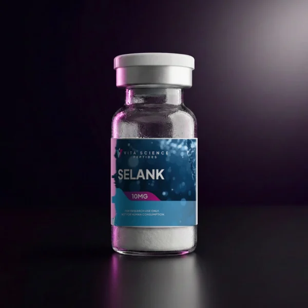 Sealed 3 mL glass vial with white flip-off cap, 10 mg lyophilized Selank powder, dark backdrop