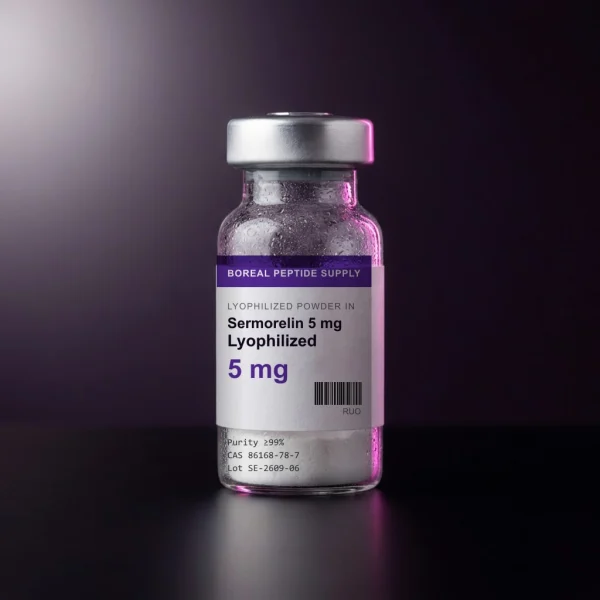 Sermorelin 5 mg lyophilized powder in a sealed 3 mL glass vial, verified at ≥99% HPLC purity.