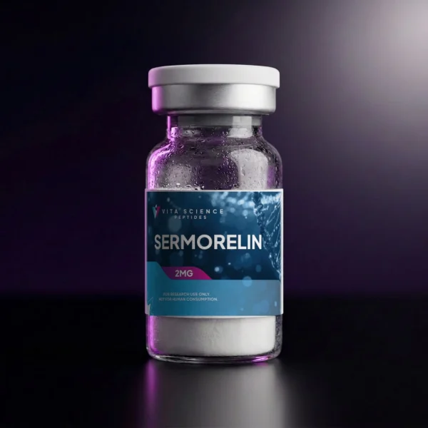 Sermorelin (GHRH 1–29), 2 mg Lyophilized Vial with 99.8% HPLC purity, in a clear glass vial on a dark studio backdrop.