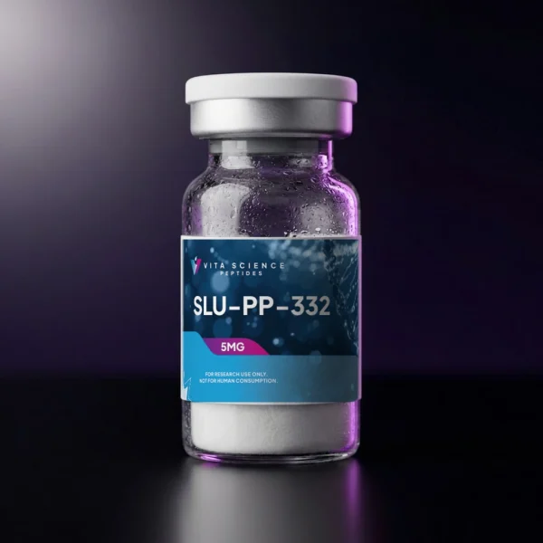 Labeled 3 mL glass vial with a white flip-off cap, containing 5 mg of lyophilized SLU-PP-332 powder on a dark backdrop.