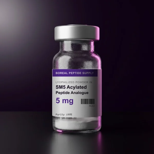 Sealed 3 mL glass vial containing 5 mg of lyophilized SM5 Acylated Peptide Analogue powder, ≥99% purity by HPLC.