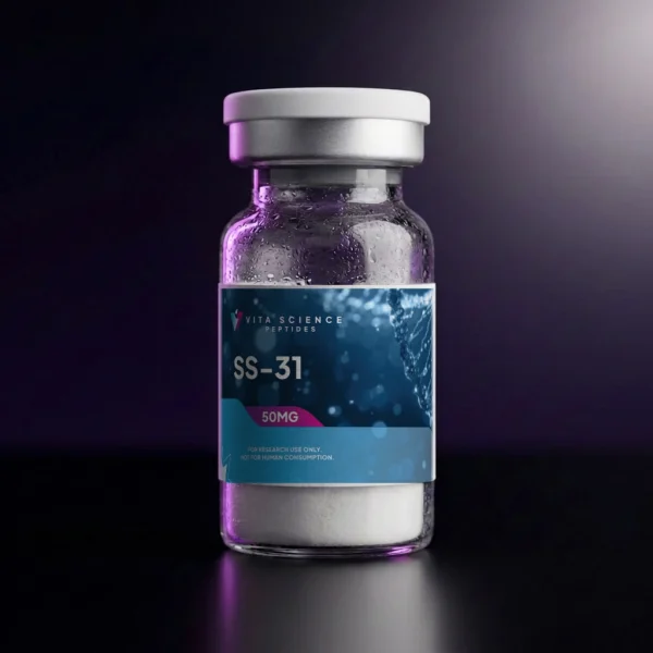 Sealed glass vial, 50 mg lyophilized SS-31 tetrapeptide, white flip-off cap, dark backdrop