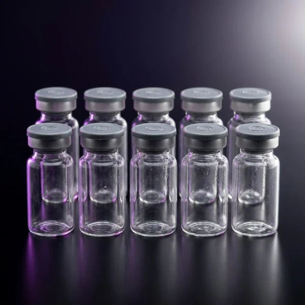 Ten empty sterile 10 mL borosilicate glass vials with grey butyl stoppers and silver crimp seals on a white surface.