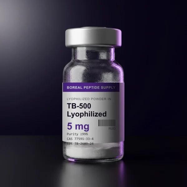 A sealed 3 mL glass vial of TB-500 Thymosin Beta-4 Fragment, 5 mg Lyophilized Vial on a white background.