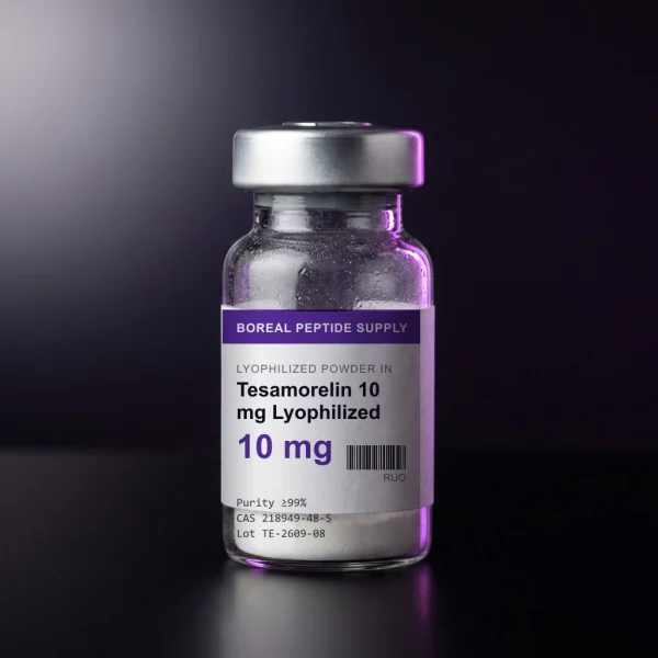 Tesamorelin 10 mg per vial, ≥99% (HPLC) purity. Lyophilized powder in a sealed 3 mL glass vial on a white background.