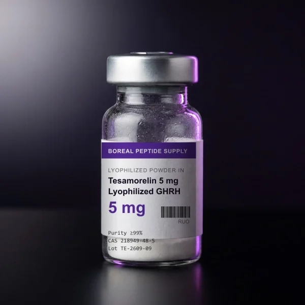 Sealed 3 mL glass vial of lyophilized Tesamorelin powder, 5 mg per vial, with ≥99% purity by HPLC.