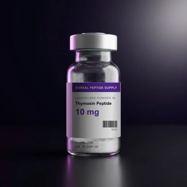 Sealed 3 mL glass vial of Thymosin Peptide containing 10 mg of lyophilized powder, with ≥99% purity by HPLC.