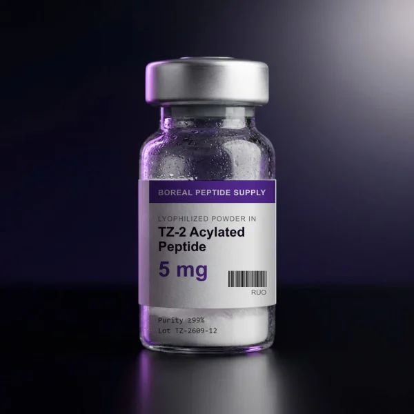 Sealed 3 mL glass vial of TZ-2 Acylated Peptide containing 5 mg of lyophilized powder, ≥99% purity by HPLC.