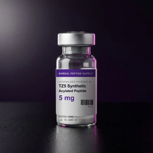 5 mg vial of TZ5 synthetic acylated peptide analogue lyophilized powder in a sealed 3 mL glass vial, ≥99% HPLC purity.